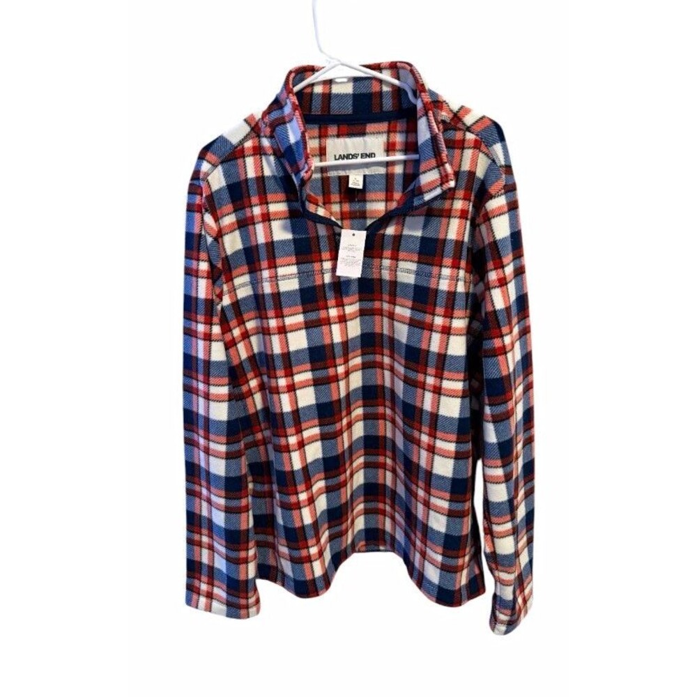 Lands End Men's L Regular Plaid Flannel Cotton Button-Up Shirt Blue Red White